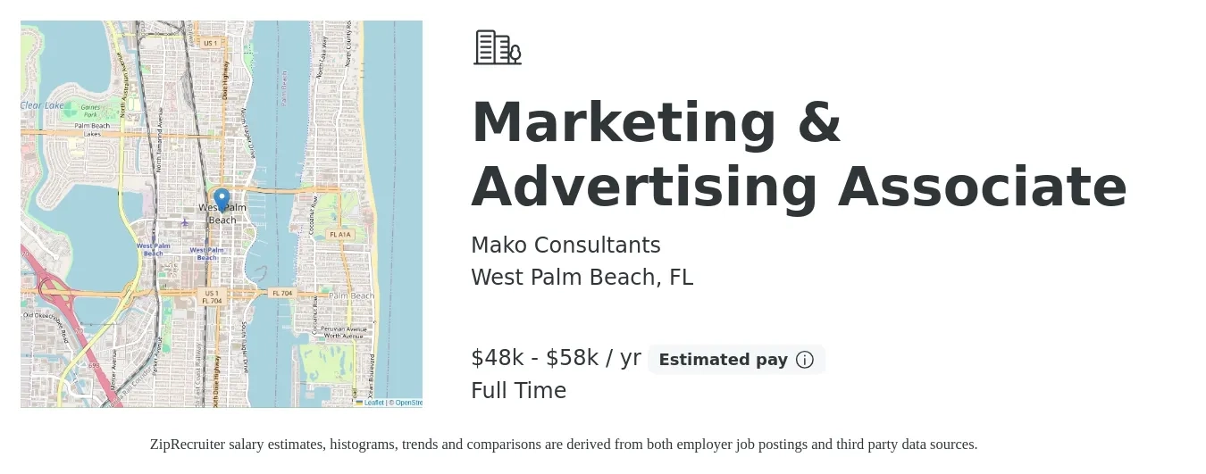 Mako Consultants job posting for a Marketing & Advertising Associate in West Palm Beach, FL with a salary of $48,000 to $58,000 Yearly with a map of West Palm Beach location.