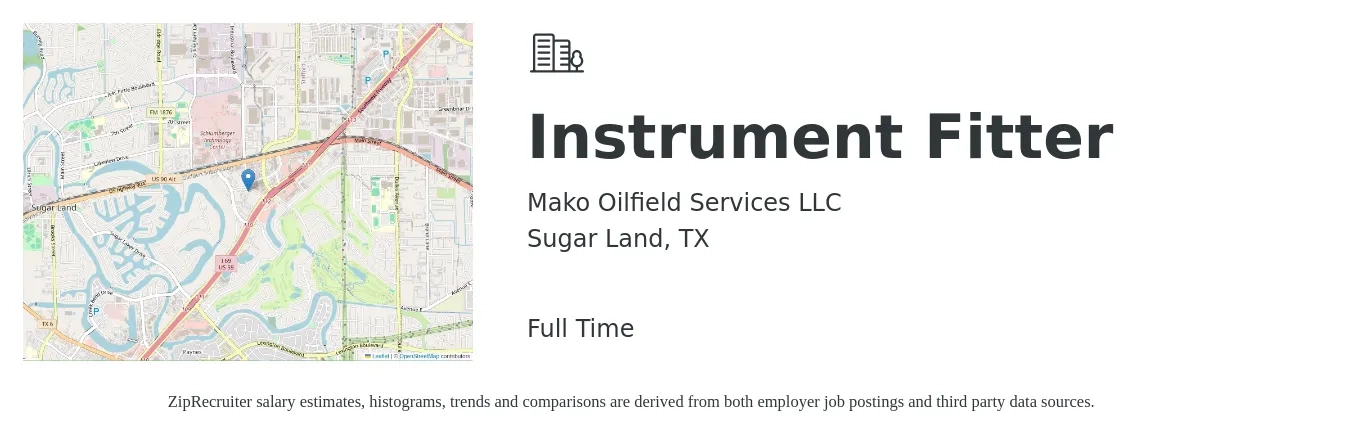Mako Oilfield Services LLC job posting for a Instrument Fitter in Sugar Land, TX with a salary of $20 to $28 Hourly with a map of Sugar Land location.