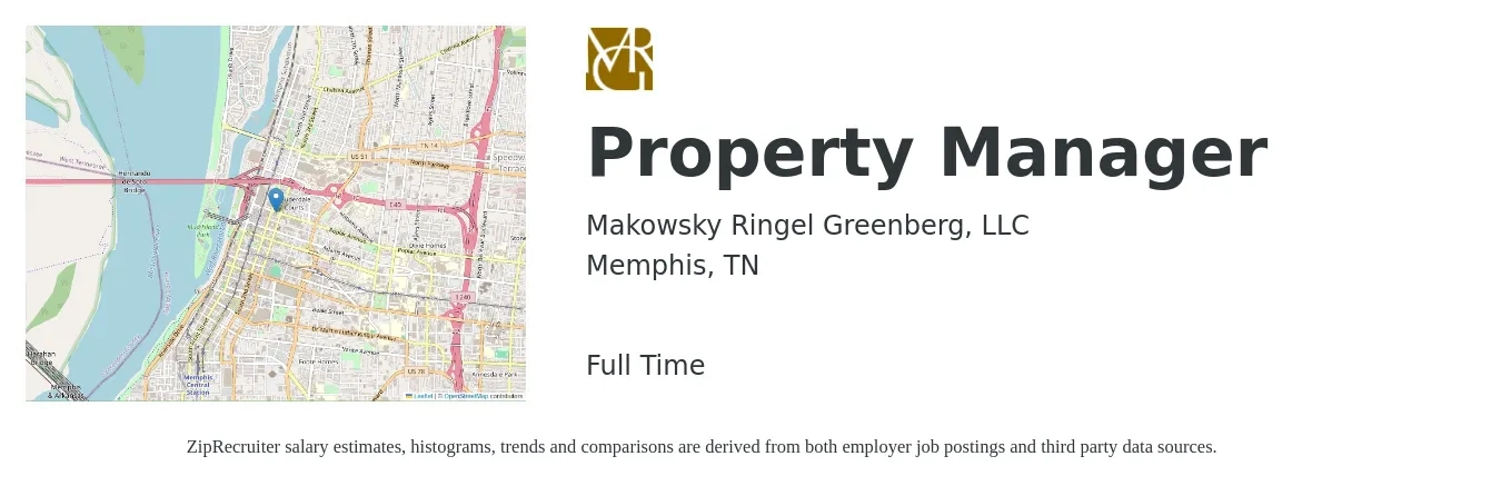 Makowsky Ringel Greenberg, LLC job posting for a Property Manager in Memphis, TN with a salary of $39,300 to $60,700 Yearly with a map of Memphis location.