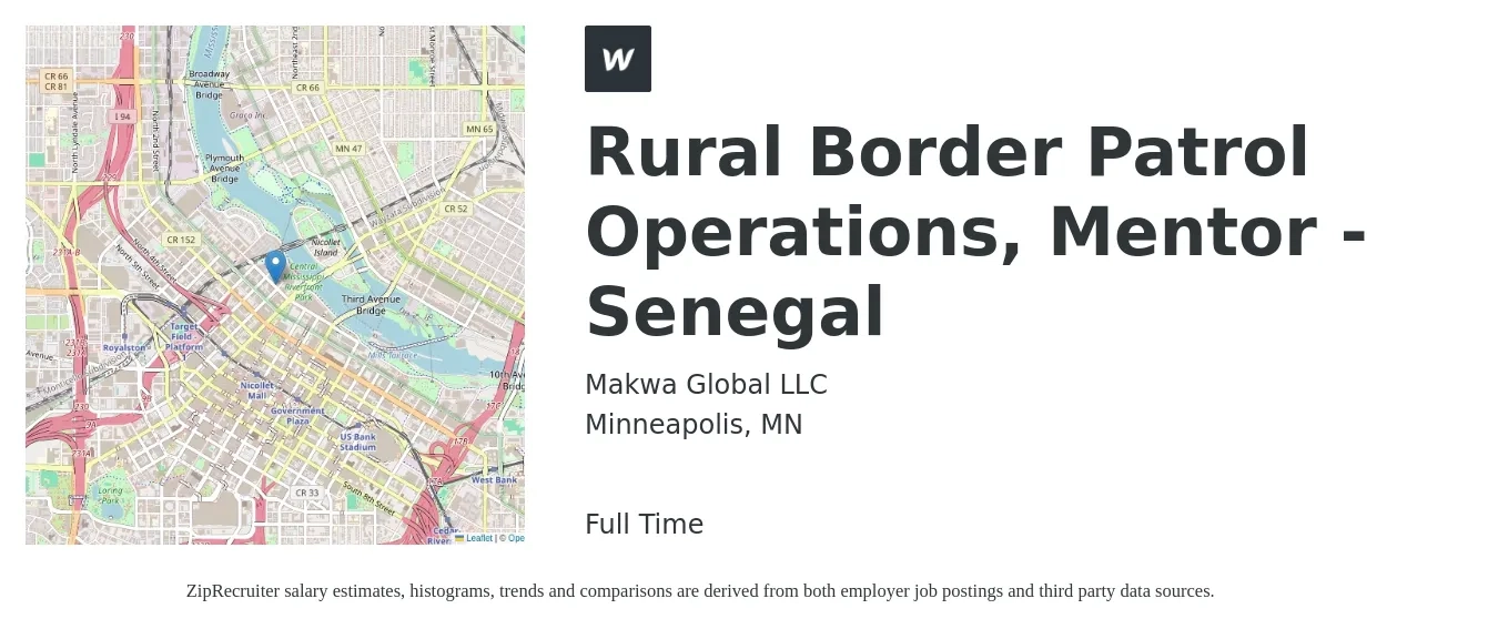 Makwa Global LLC job posting for a Rural Border Patrol Operations, Mentor - Senegal in Minneapolis, MN with a salary of $41,200 to $107,000 Yearly with a map of Minneapolis location.