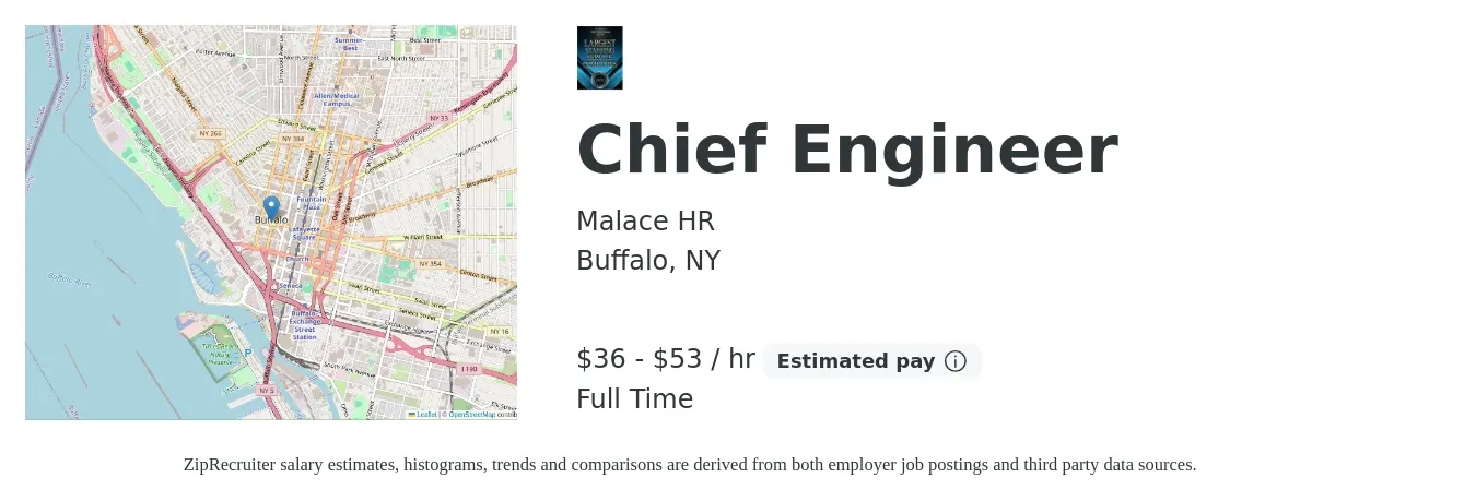 Malace HR job posting for a Chief Engineer in Buffalo, NY with a salary of $38 to $56 Hourly with a map of Buffalo location.