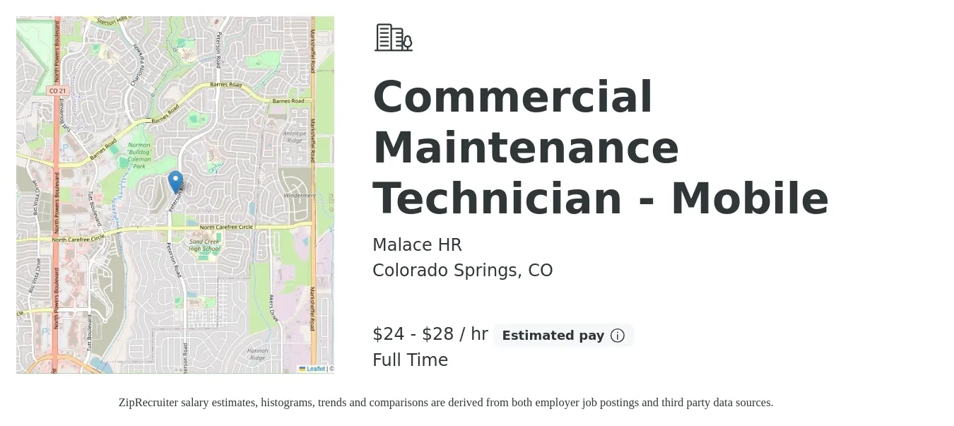 Malace HR job posting for a Commercial Maintenance Technician - Mobile in Colorado Springs, CO with a salary of $25 to $30 Hourly with a map of Colorado Springs location.