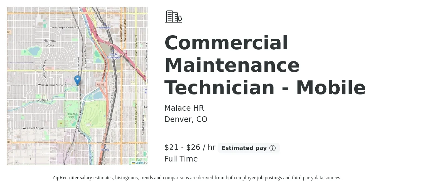 Malace HR job posting for a Commercial Maintenance Technician - Mobile in Denver, CO with a salary of $22 to $28 Hourly with a map of Denver location.
