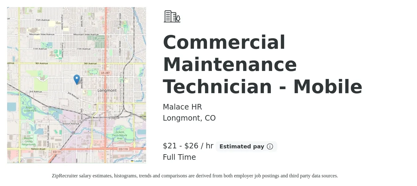 Malace HR job posting for a Commercial Maintenance Technician - Mobile in Longmont, CO with a salary of $22 to $28 Hourly with a map of Longmont location.