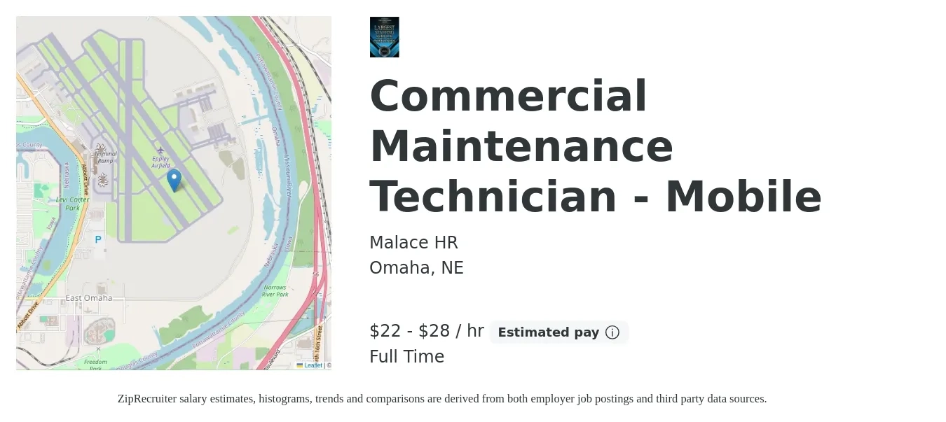 Malace HR job posting for a Commercial Maintenance Technician - Mobile in Omaha, NE with a salary of $23 to $30 Hourly with a map of Omaha location.