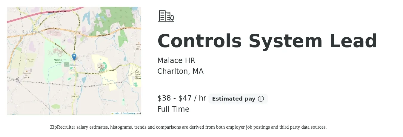 Malace HR job posting for a Controls System Lead in Charlton, MA with a salary of $41 to $49 Hourly with a map of Charlton location.