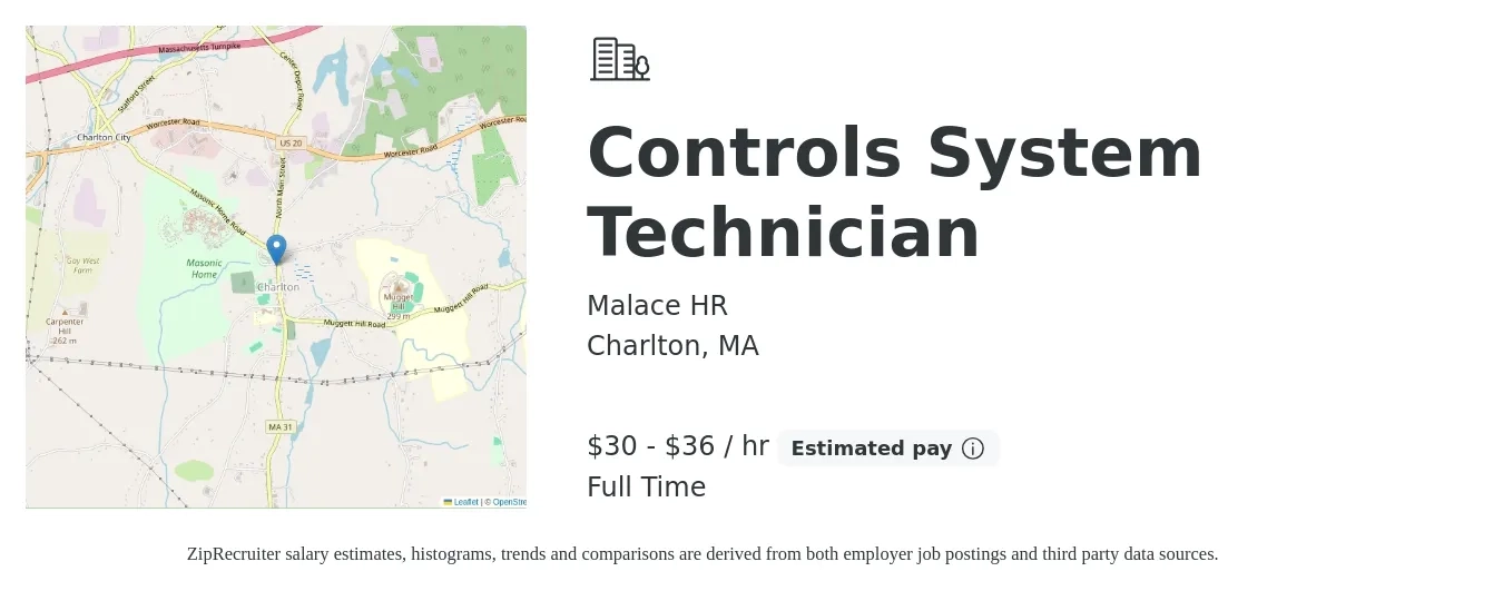Malace HR job posting for a Controls System Technician in Charlton, MA with a salary of $30 to $38 Hourly with a map of Charlton location.