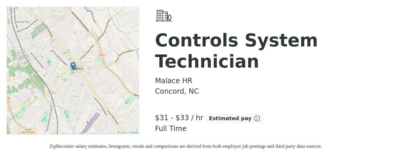 Malace HR job posting for a Controls System Technician in Concord, NC with a salary of $32 to $34 Hourly with a map of Concord location.