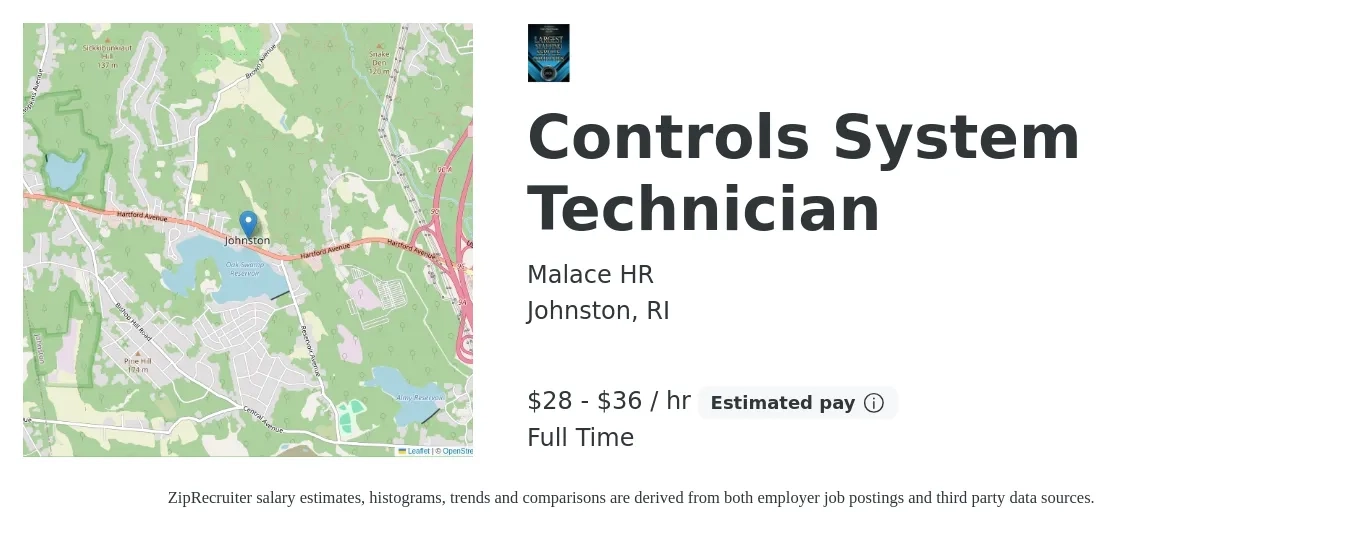Malace HR job posting for a Controls System Technician in Johnston, RI with a salary of $30 to $38 Hourly with a map of Johnston location.