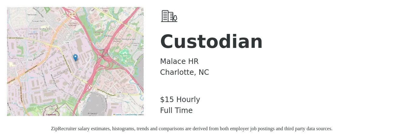 Malace HR job posting for a Custodian in Charlotte, NC with a salary of $16 Hourly with a map of Charlotte location.