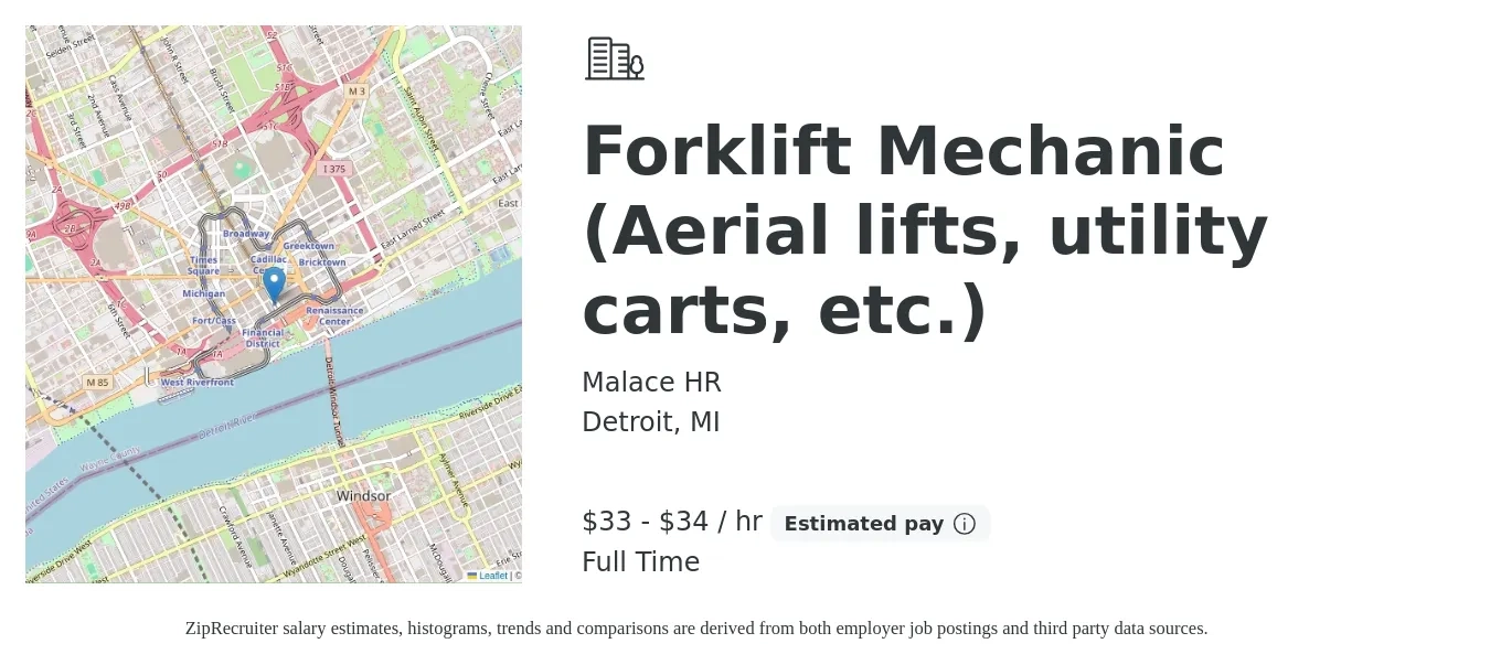Malace HR job posting for a Forklift Mechanic (Aerial lifts, utility carts, etc.) in Detroit, MI with a salary of $35 to $36 Hourly with a map of Detroit location.
