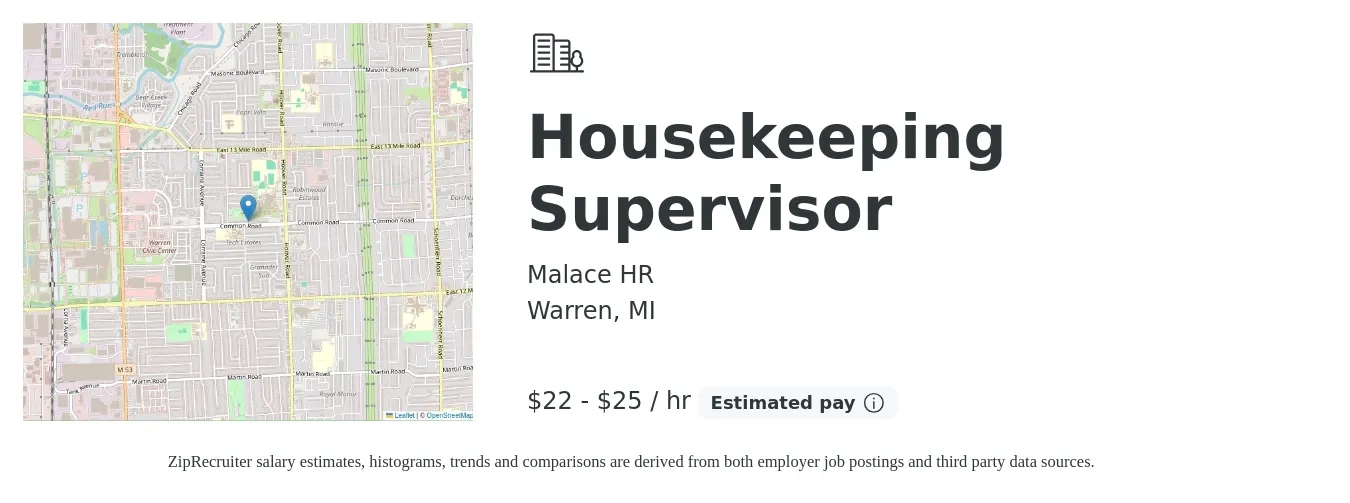 Malace HR job posting for a Housekeeping Supervisor in Warren, MI with a salary of $23 to $26 Hourly with a map of Warren location.