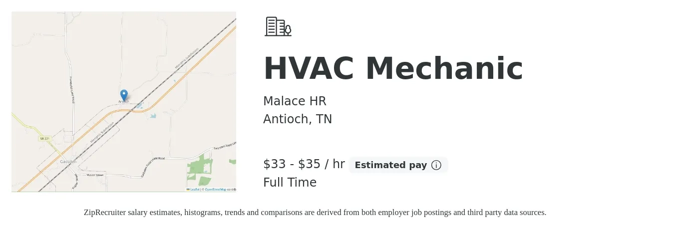 Malace HR job posting for a HVAC Mechanic in Antioch, TN with a salary of $35 to $37 Hourly with a map of Antioch location.