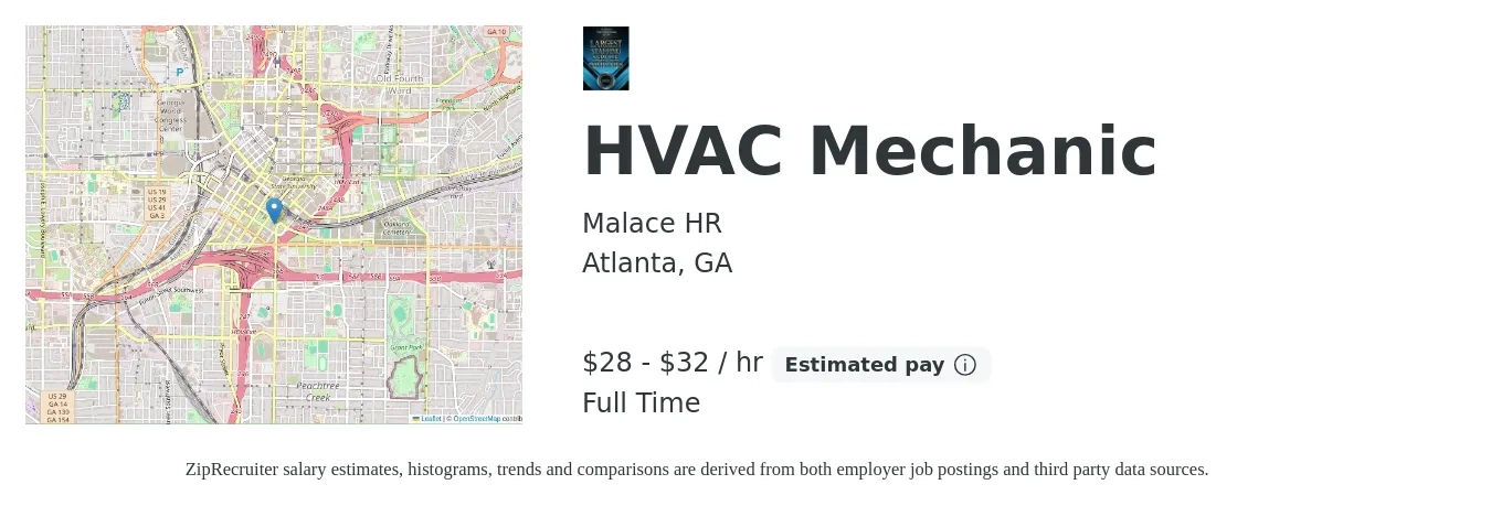 Malace HR job posting for a HVAC Mechanic in Atlanta, GA with a salary of $30 to $34 Hourly with a map of Atlanta location.