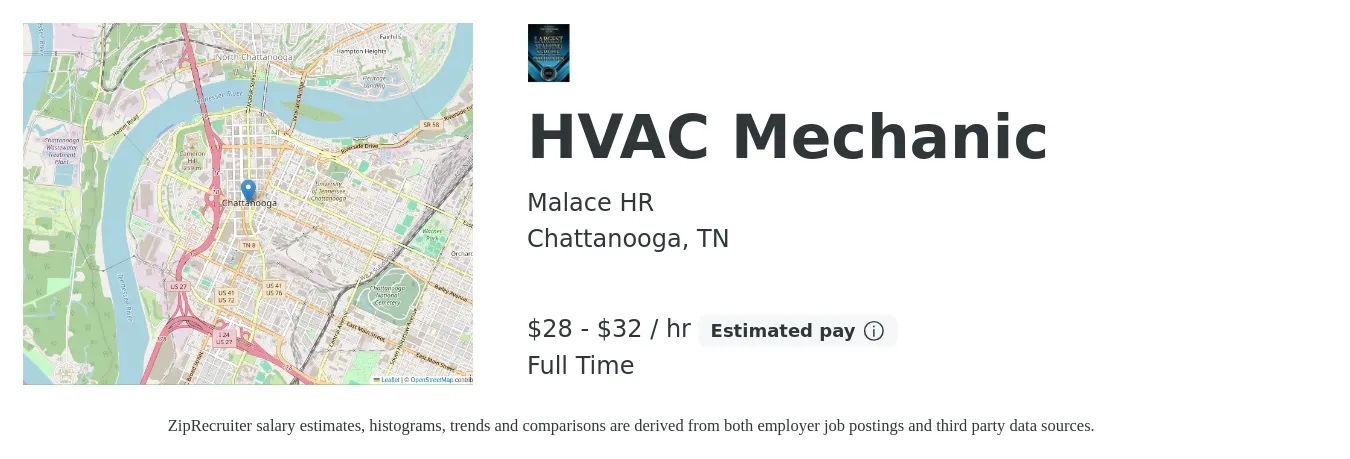 Malace HR job posting for a HVAC Mechanic in Chattanooga, TN with a salary of $30 to $34 Hourly with a map of Chattanooga location.