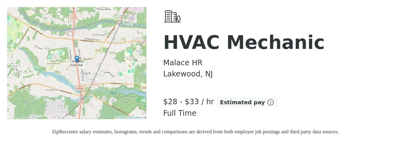 Malace HR job posting for a HVAC Mechanic in Lakewood, NJ with a salary of $30 to $35 Hourly with a map of Lakewood location.