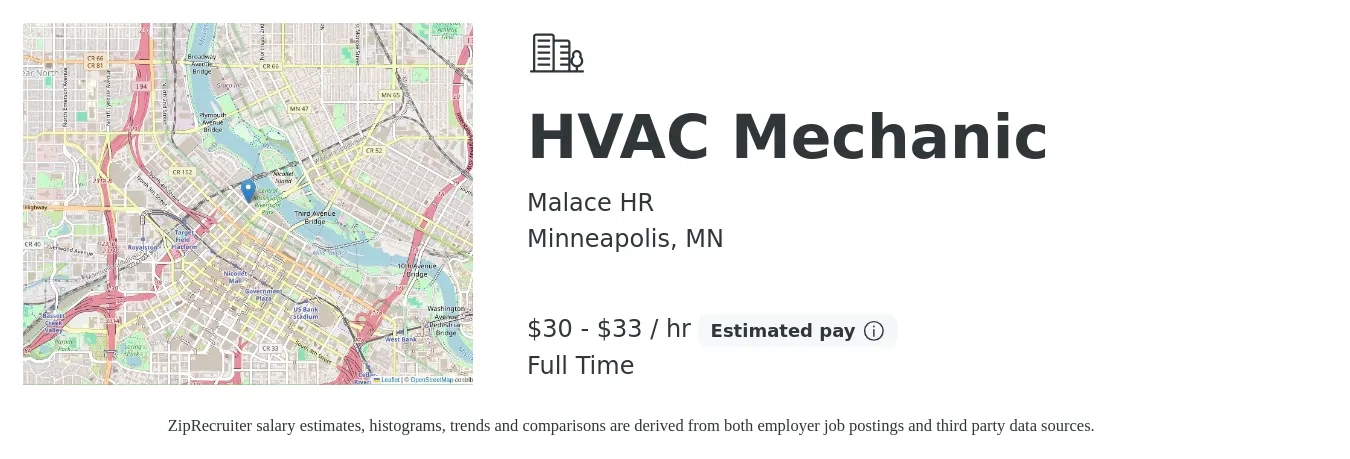 Malace HR job posting for a HVAC Mechanic in Minneapolis, MN with a salary of $32 to $35 Hourly with a map of Minneapolis location.