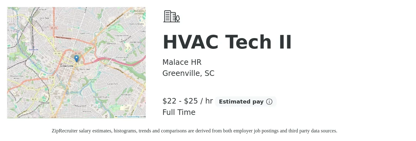 Malace HR job posting for a HVAC Tech II in Greenville, SC with a salary of $23 to $27 Hourly with a map of Greenville location.