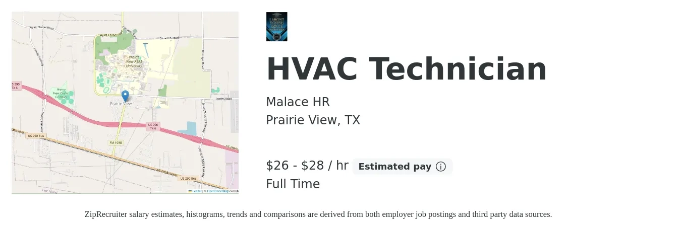 Malace HR job posting for a HVAC Technician in Prairie View, TX with a salary of $28 to $30 Hourly with a map of Prairie View location.