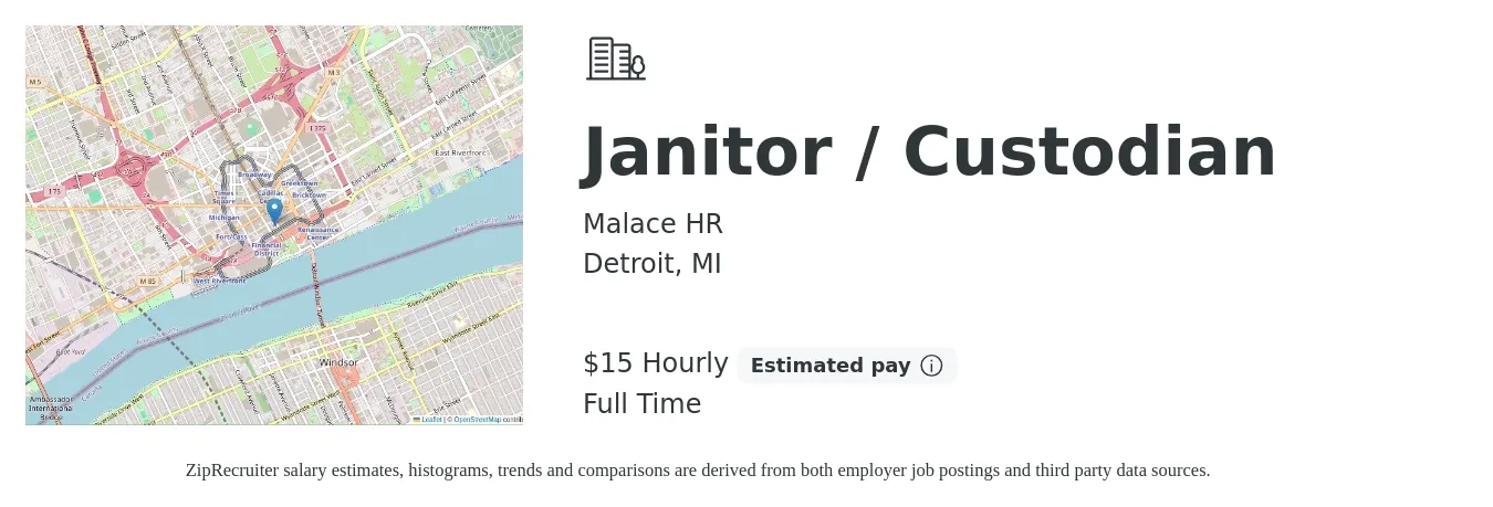 Malace HR job posting for a Janitor / Custodian in Detroit, MI with a salary of $16 to $16 Hourly with a map of Detroit location.