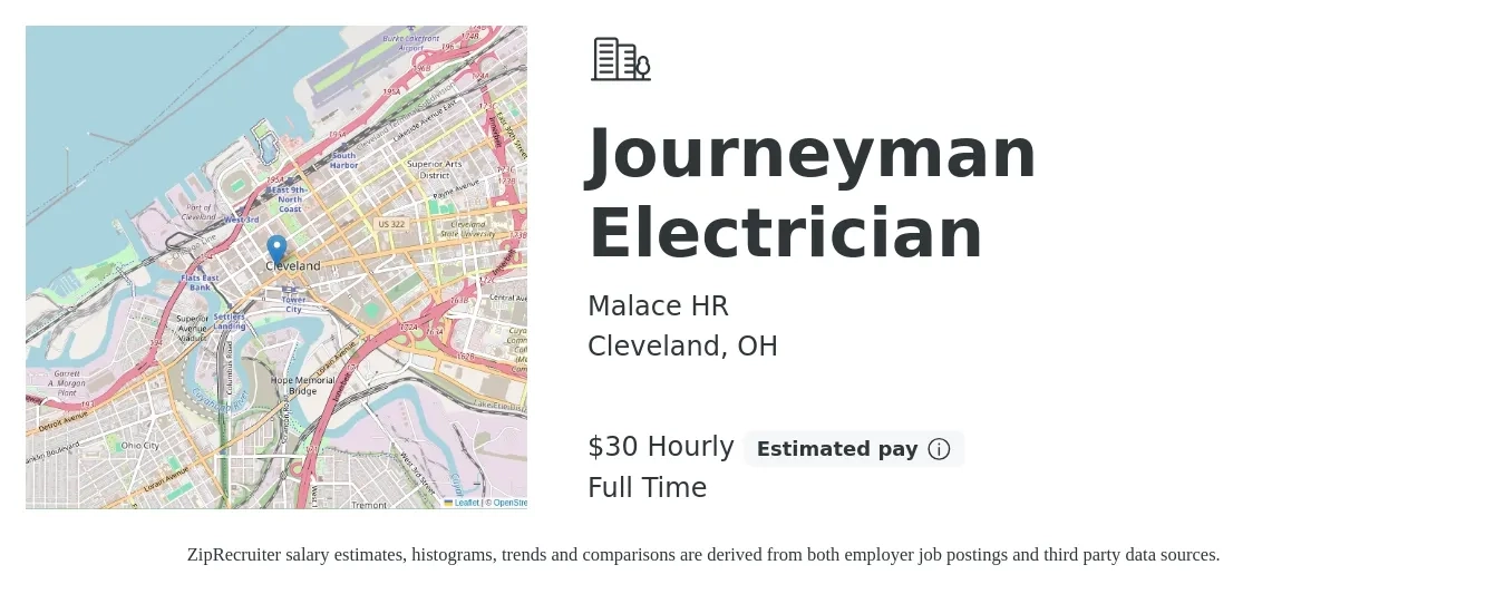 Malace HR job posting for a Journeyman Electrician in Cleveland, OH with a salary of $32 Hourly with a map of Cleveland location.
