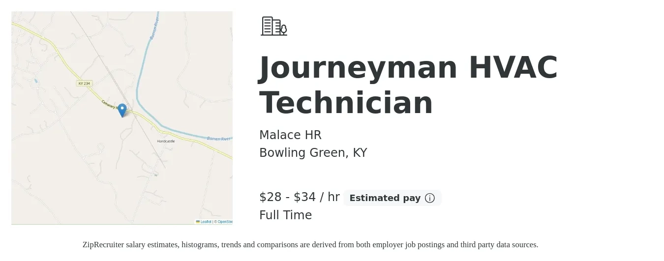 Malace HR job posting for a Journeyman HVAC Technician in Bowling Green, KY with a salary of $30 to $36 Hourly with a map of Bowling Green location.