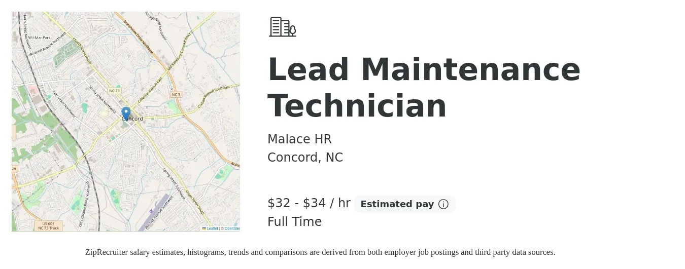 Malace HR job posting for a Lead Maintenance Technician in Concord, NC with a salary of $34 to $36 Hourly with a map of Concord location.