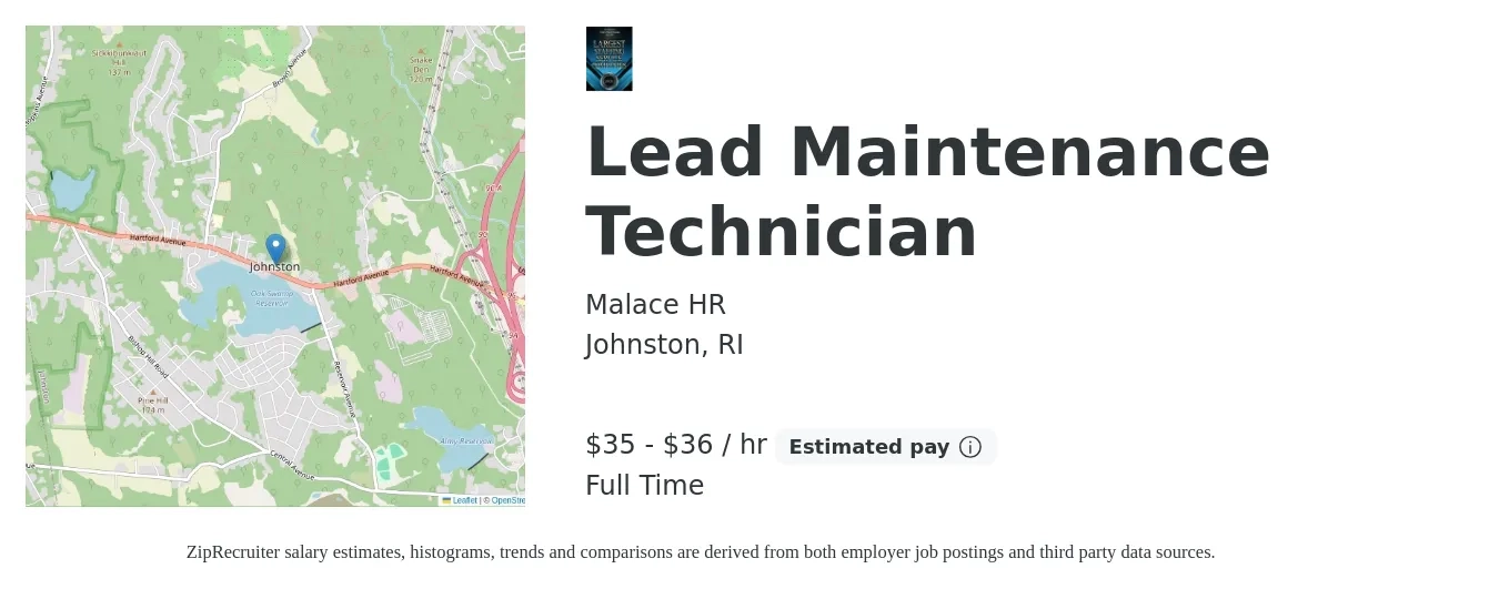 Malace HR job posting for a Lead Maintenance Technician in Johnston, RI with a salary of $37 to $37 Hourly with a map of Johnston location.