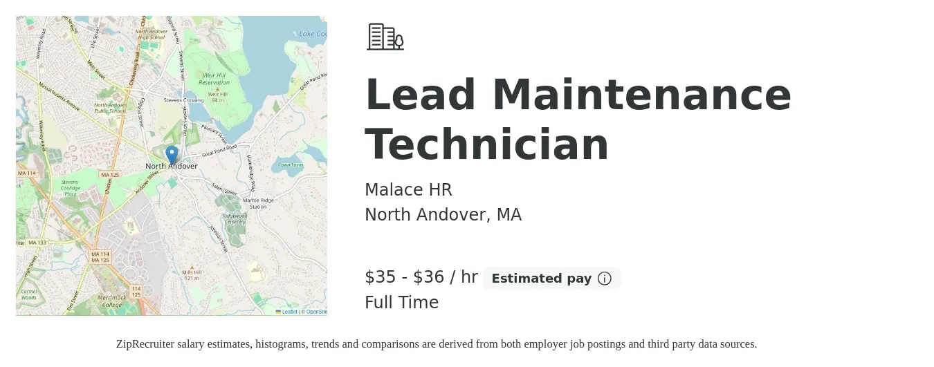 Malace HR job posting for a Lead Maintenance Technician in North Andover, MA with a salary of $37 to $38 Hourly with a map of North Andover location.
