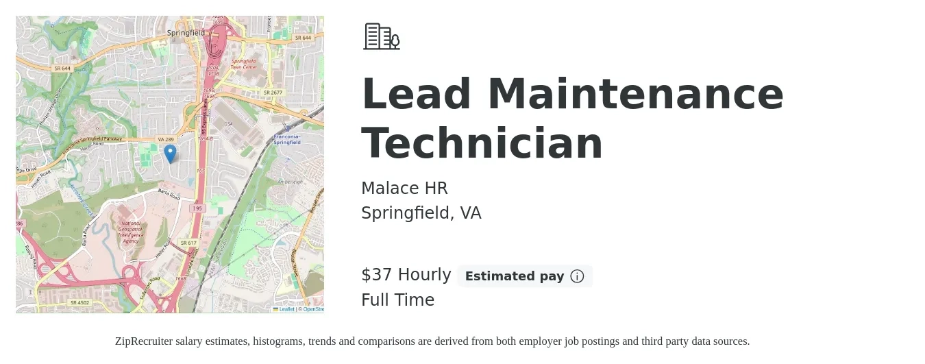 Malace HR job posting for a Lead Maintenance Technician in Springfield, VA with a salary of $39 Hourly with a map of Springfield location.