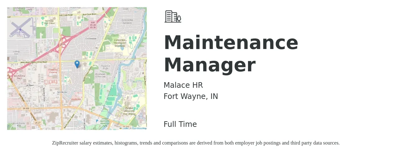 Malace HR job posting for a Maintenance Manager in Fort Wayne, IN with a salary of $100,000 to $130,000 Yearly with a map of Fort Wayne location.