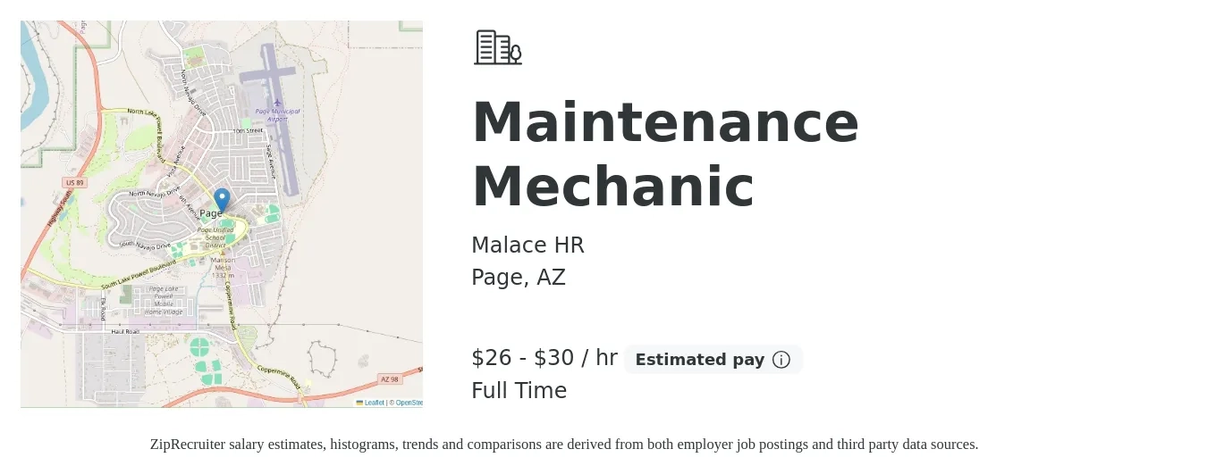 Malace HR job posting for a Maintenance Mechanic in Page, AZ with a salary of $28 to $32 Hourly with a map of Page location.