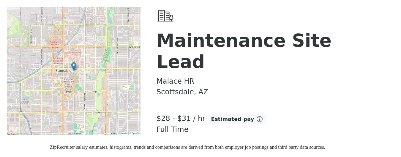 Malace HR job posting for a Maintenance Site Lead in Scottsdale, AZ with a salary of $30 to $33 Hourly with a map of Scottsdale location.