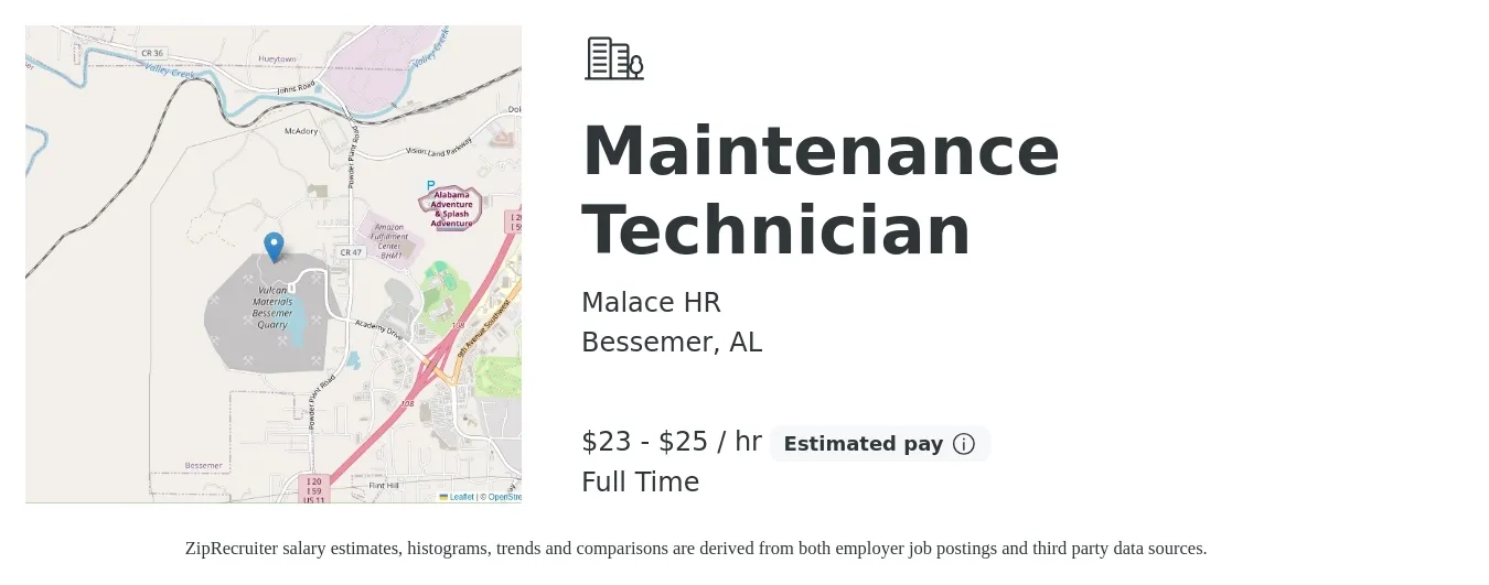 Malace HR job posting for a Maintenance Technician in Bessemer, AL with a salary of $24 to $26 Hourly with a map of Bessemer location.