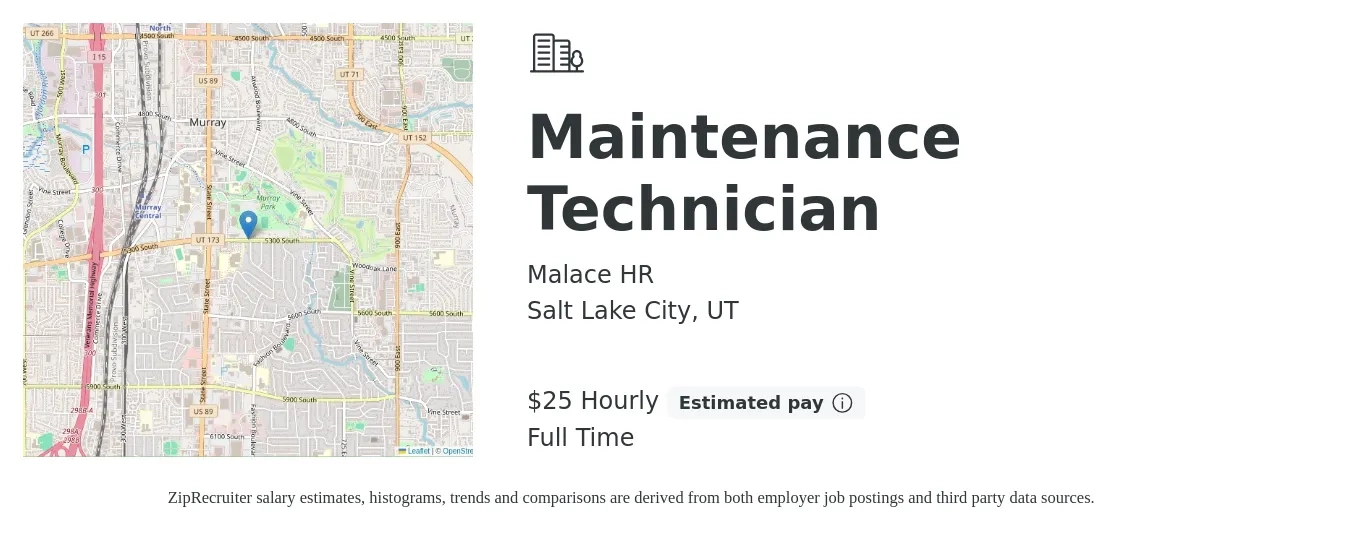 Malace HR job posting for a Maintenance Technician in Salt Lake City, UT with a salary of $26 to $26 Hourly with a map of Salt Lake City location.