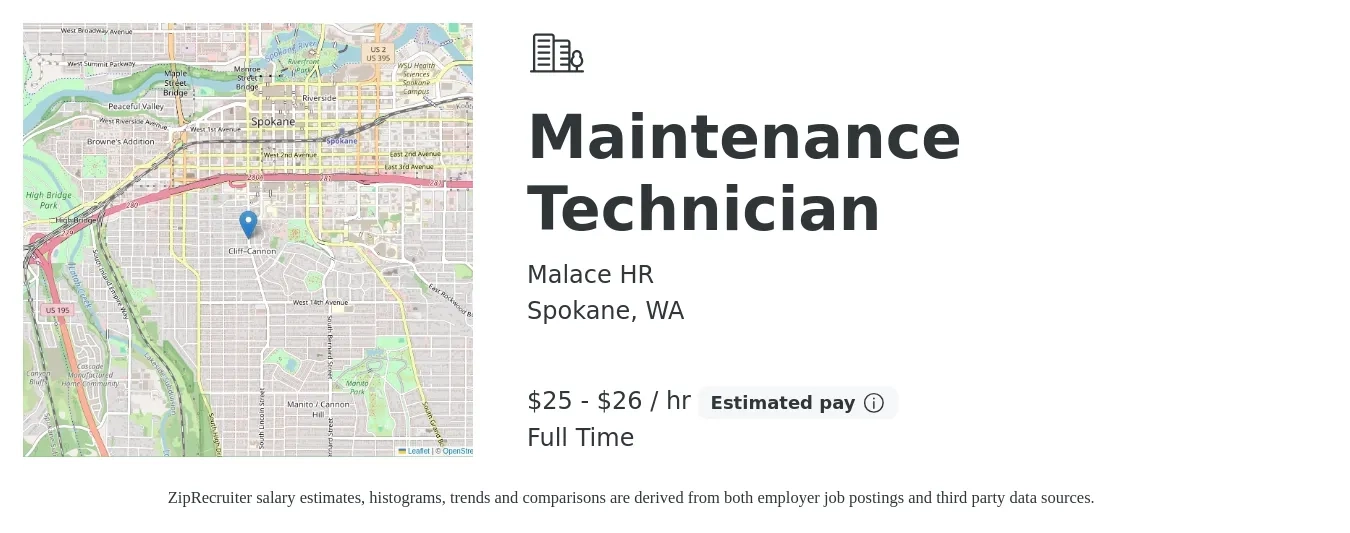 Malace HR job posting for a Maintenance Technician in Spokane, WA with a salary of $27 to $28 Hourly with a map of Spokane location.