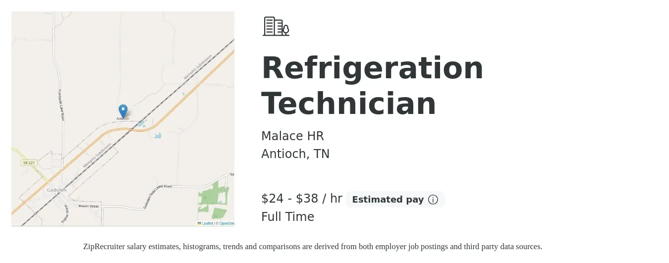 Malace HR job posting for a Refrigeration Technician in Antioch, TN with a salary of $25 to $40 Hourly with a map of Antioch location.