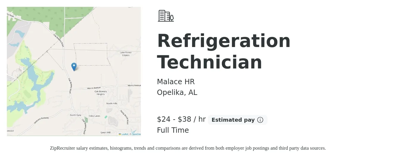 Malace HR job posting for a Refrigeration Technician in Opelika, AL with a salary of $25 to $40 Hourly with a map of Opelika location.