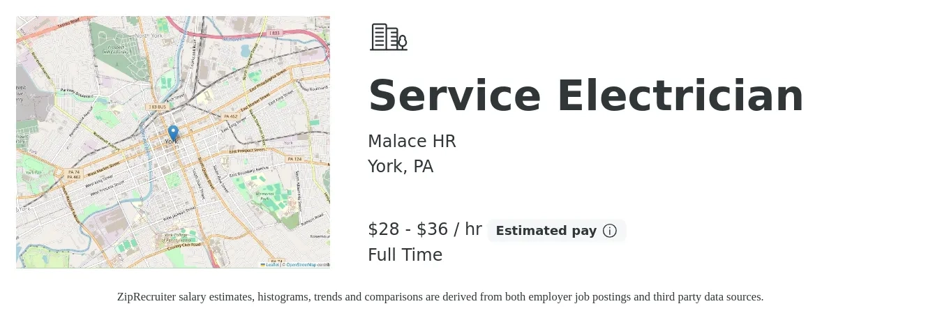 Malace HR job posting for a Service Electrician in York, PA with a salary of $30 to $38 Hourly with a map of York location.