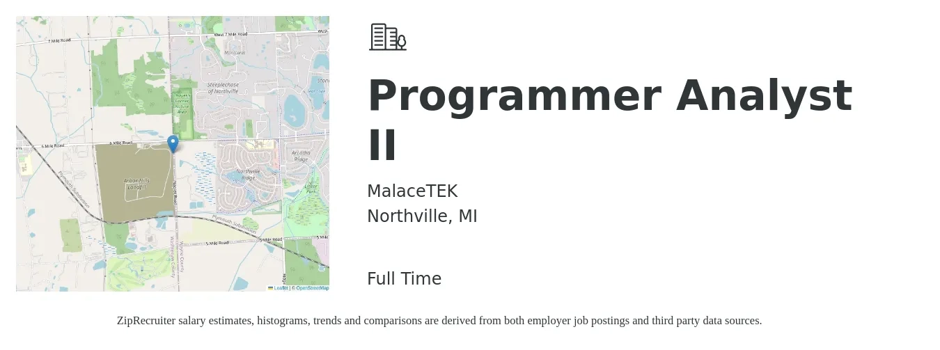 MalaceTEK job posting for a Programmer Analyst II in Northville, MI with a salary of $36 to $56 Hourly with a map of Northville location.