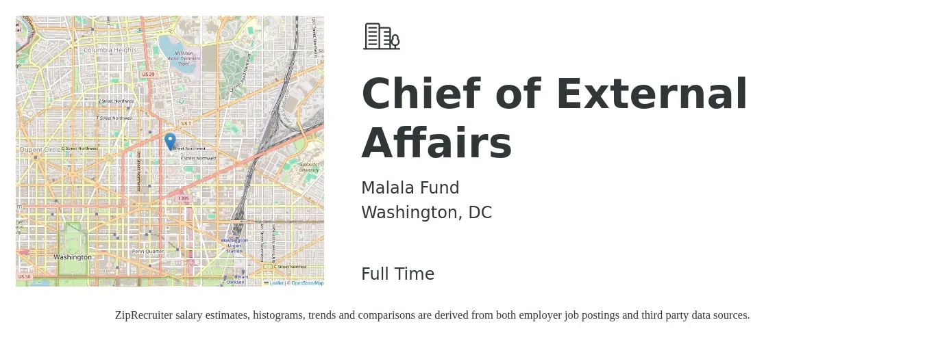 Malala Fund job posting for a Chief of External Affairs in Washington, DC with a salary of $167,500 to $194,400 Yearly with a map of Washington location.