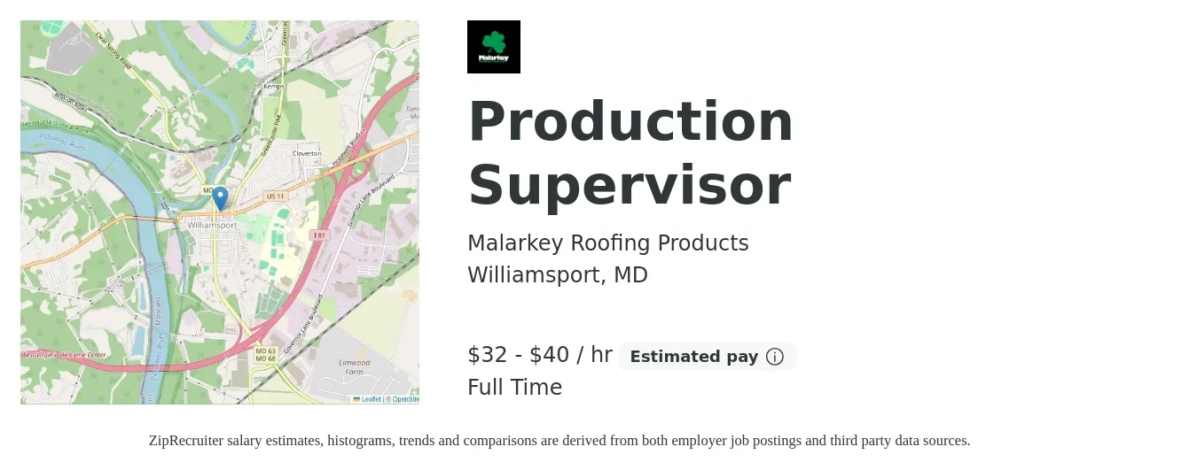 Malarkey Roofing Products job posting for a Production Supervisor in Williamsport, MD with a salary of $70,000 to $87,000 Yearly with a map of Williamsport location.