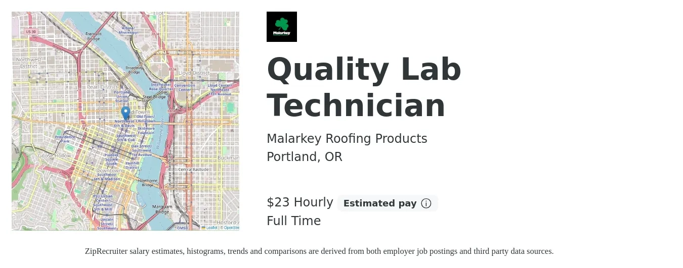 Malarkey Roofing Products job posting for a Quality Lab Technician in Portland, OR with a salary of $24 Hourly with a map of Portland location.