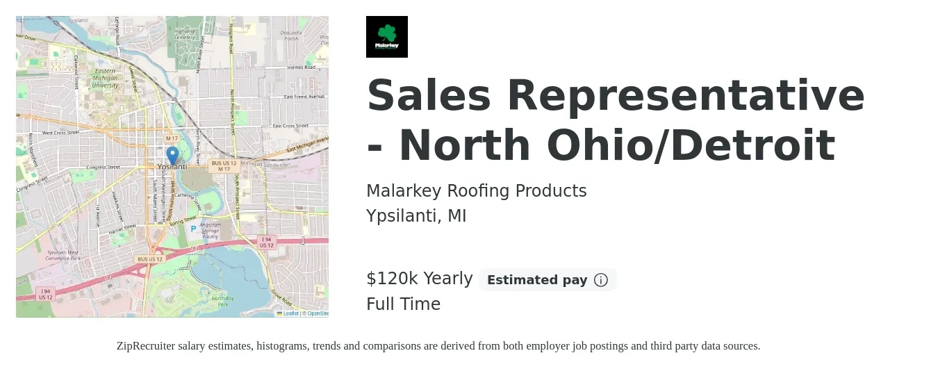 Malarkey Roofing Products job posting for a Sales Representative - North Ohio/Detroit in Ypsilanti, MI with a salary of $120,000 Yearly with a map of Ypsilanti location.
