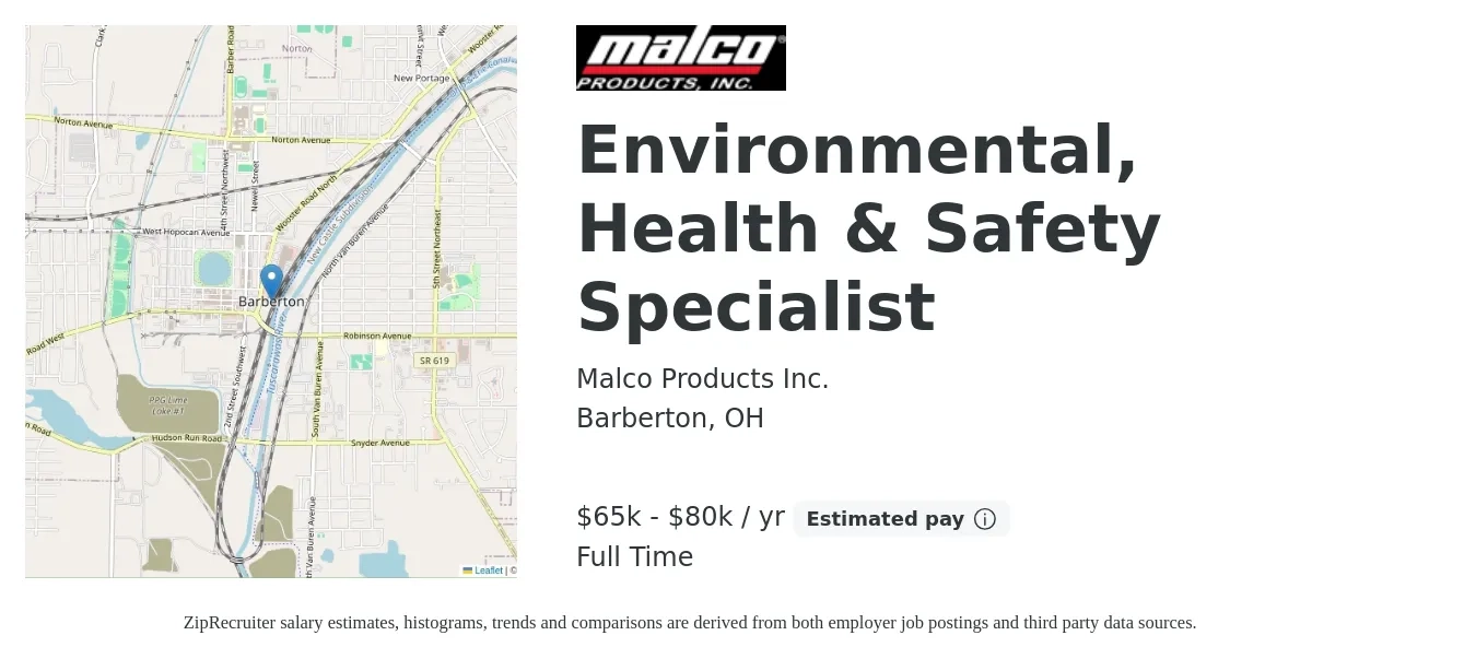 Malco Products Inc. job posting for a Environmental, Health & Safety Specialist in Barberton, OH with a salary of $65,000 to $80,000 Yearly with a map of Barberton location.