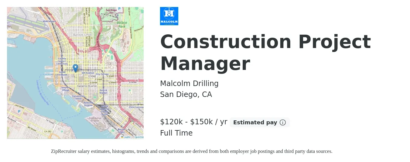 Malcolm Drilling job posting for a Construction Project Manager in San Diego, CA with a salary of $120,000 to $150,000 Yearly with a map of San Diego location.