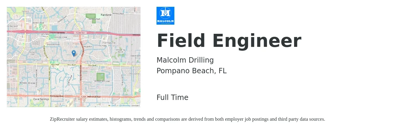 Malcolm Drilling job posting for a Field Engineer in Pompano Beach, FL with a salary of $65,000 to $85,000 Yearly with a map of Pompano Beach location.