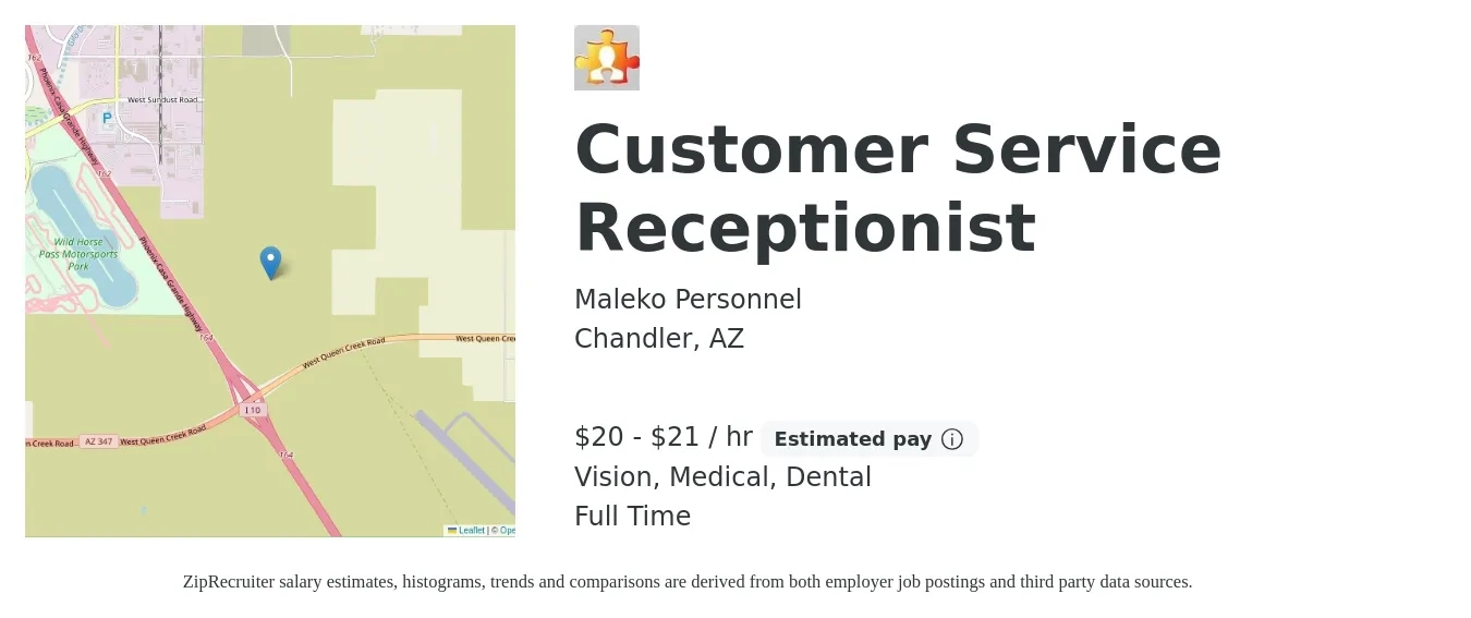 Maleko Personnel job posting for a Customer Service Receptionist in Chandler, AZ with a salary of $21 to $22 Hourly and benefits including vision, dental, and medical with a map of Chandler location.