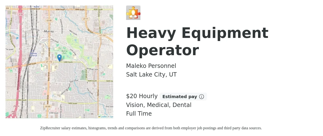 Maleko Personnel job posting for a Heavy Equipment Operator in Salt Lake City, UT with a salary of $22 Hourly and benefits including vision, dental, and medical with a map of Salt Lake City location.