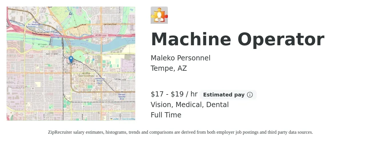 Maleko Personnel job posting for a Machine Operator in Tempe, AZ with a salary of $18 to $20 Hourly and benefits including medical, vision, and dental with a map of Tempe location.